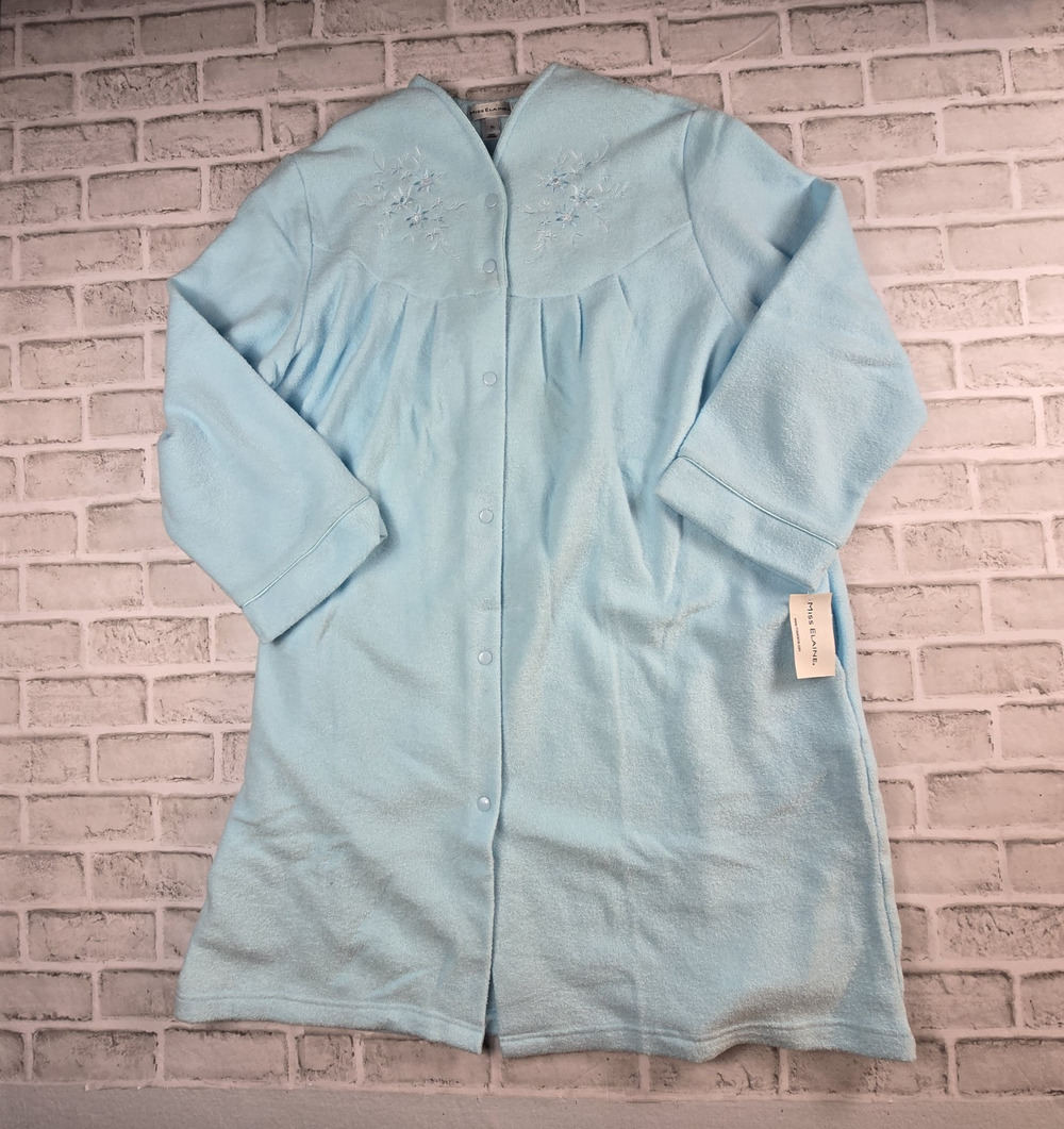 Miss Elaine Fleece Robe Snap Up Long Sleeve Blue Embroidered XL NEW House Coat